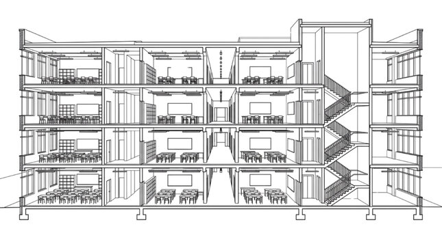 School Classroom Perspective Section CAD Block Interior Drawing