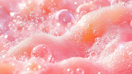 Fototapeta premium Macro Close Up of Pink Soap Bubbles and Water Droplets Creating a Soft Abstract Texture Background