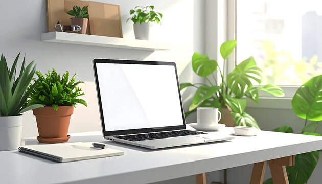 Laptop on desk with green plants.
