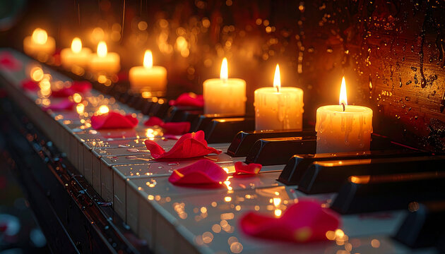 Lit candles on piano keys