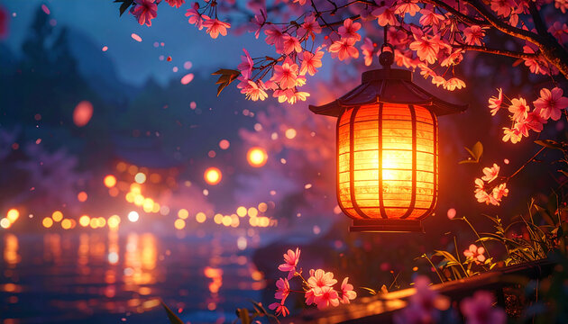Lantern and sakura blossoms at dusk