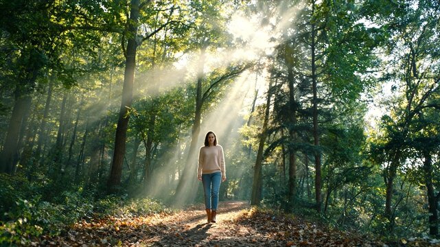 Woman Walking on Sunlit Forest Path with Beautiful God Rays