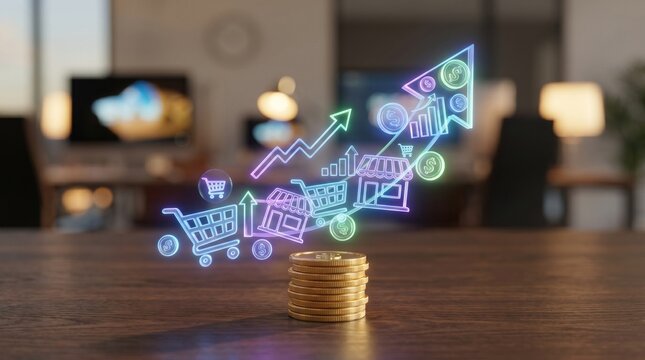 Holographic E‑Commerce Icons, Trending Graphs and Golden Coins in 3D Business Scene