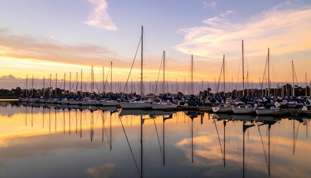 Golden hour marina with sailboats and calm water reflections.