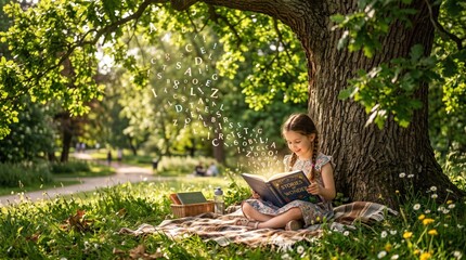 Fototapeta premium Young girl reading an open book with magical letters flying in a sunny park