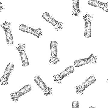 seamless pattern claws cat paw hand drawn. pads feline, grooming scratch, retractable soft claws cat paw black sketch illustration