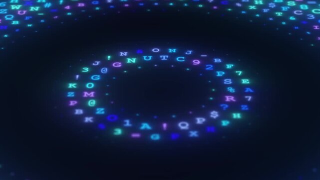 Glowing Alphanumeric Character Ring Animation with Floating Letters, Numbers and Symbols, Abstract Digital Typography Circle with Blue Purple Light Effects