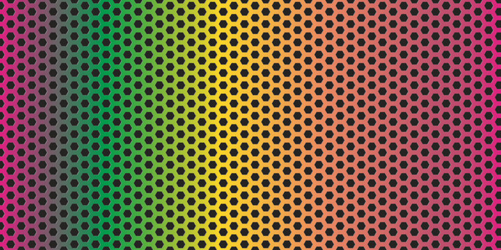 Rainbow gradient perforated metal panel with hexagonal honeycomb holes and vivid multicolor sheen, ideal for music festival posters, pride design, gaming UI and bold creative visuals