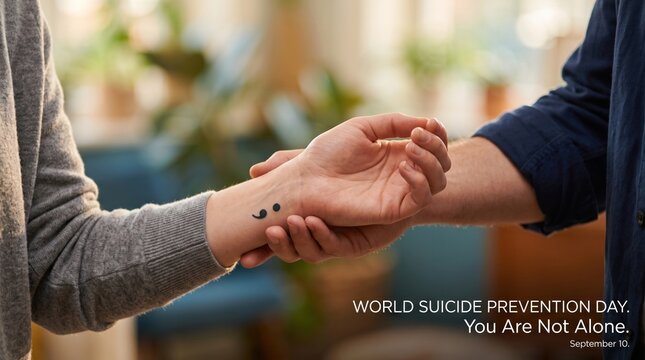 Holding a hand with a semicolon tattoo in a supportive indoor setting