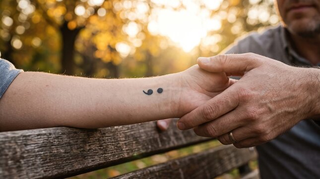 Holding hands with a semicolon tattoo on a wrist in a park at sunset