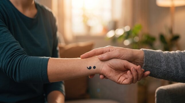 Holding a hand with a semicolon tattoo in a warm home setting for support