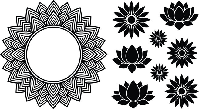 Mandala Circular Frame and Lotus Flower Silhouette Set with Geometric Geometric Floral Ornaments for Yoga Wellness Meditation Logos and Decorative Border Vector Designs