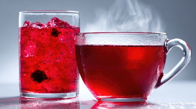 Hot red tea and cold berry drink combo.