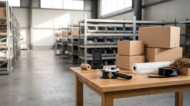 Professional packing table with cardboard boxes and shipping tools in a modern warehouse interior