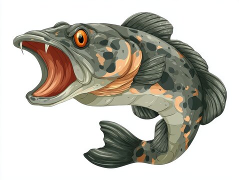 Aggressive Snakehead Fish With Open Mouth In Detailed Pixel Art Isolated On White Background