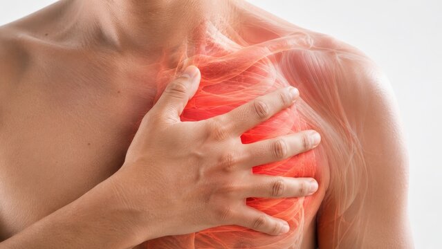 Man holding his chest suffering from acute chest pain, heart attack, or angina pectoris with red glowing cardiovascular illustration