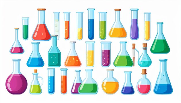 Colorful laboratory glassware set with vibrant liquids.