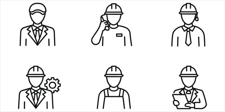 Set of six line representing various construction workers and professionals with hard hats on white background