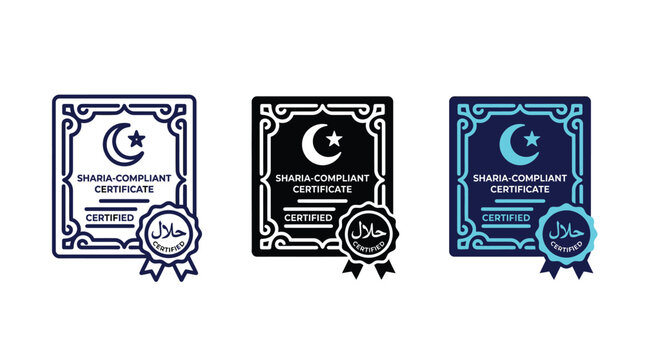 Halal certificate icons set featuring Sharia compliant labels with crescent moon and star symbols for food packaging.