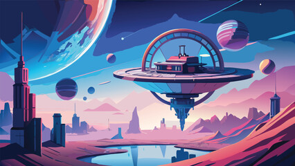 Futuristic space colony base floating above alien planet landscape with floating landscape futuristic exploration celestial mountains reflection architecture technology structure universe © shachin