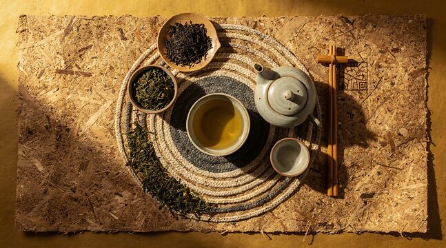 Overhead view of a traditional tea ceremony setup with various tea leaves and a teapot.