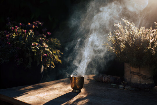 Burning sage and ayahuasca cup with smoke on wooden table for ritual background and spiritual wellness scene