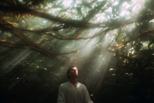 Person meditating under a dense vine canopy with sun rays piercing foliage for mindfulness background and nature retreat imagery