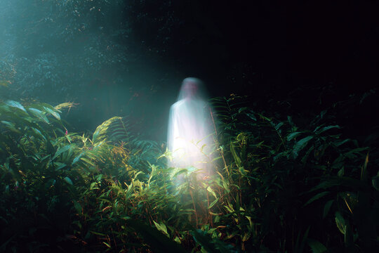 Glowing spirit apparition in a forest clearing with mist and luminous plants for mystical background and surreal poster design