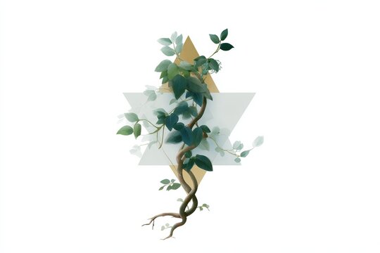 Intertwined ayahuasca vine illustration with geometric triangles minimal botanical background for design wallpaper and spiritual concept