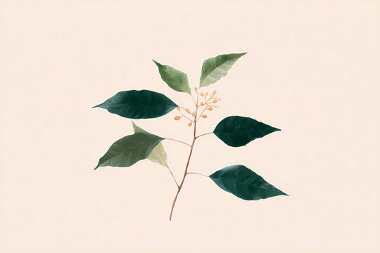 Botanical branch illustration of banisteriopsis leaves and berries on neutral background for natural study and herbal design