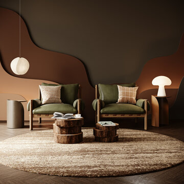Warm and natural living room with empty wall background. Modern living room design. 3D Rendering, 3D Illustration