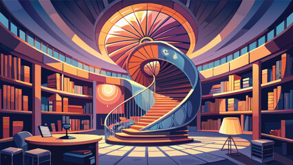 Grand library interior with a circular wooden spiral staircase surrounded by floor-to-ceiling bookshelves in a cozy reading room staircase bookshelf interior architecture education circular © shachin