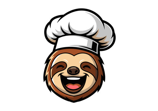 Cheerful sloth cartoon wearing a white chef's hat, smiling with closed eyes