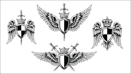 Fototapeta premium Medieval heraldic shield crest vector set with wings crowns and swords