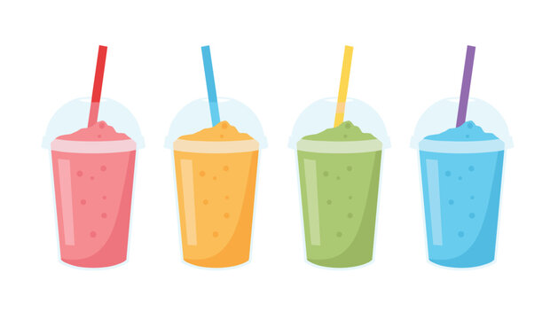 Four plastic cups filled with colorful fruit smoothies in pink, orange, green, and blue colors with matching straws.