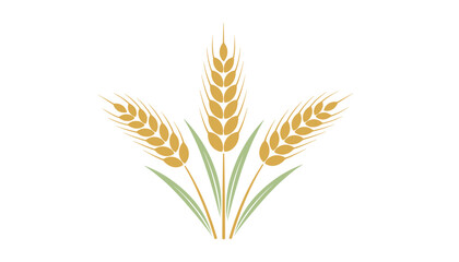Fototapeta premium Stylized illustration of three golden ears of wheat with green leaves arranged in a symmetrical bundle on white background.