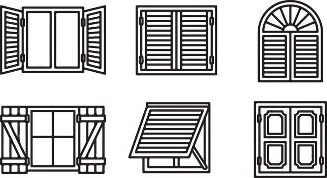 Six different styles of wooden windows and shutters vector illustration Vector