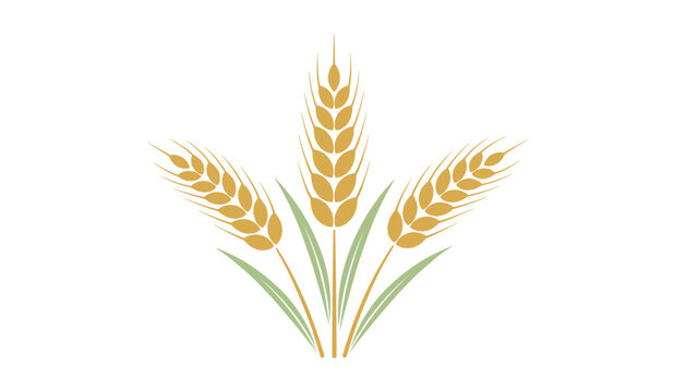 Stylized illustration of three golden ears of wheat with green leaves arranged in a symmetrical bundle on white background.