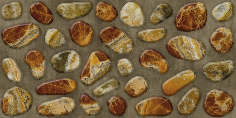 Collection of polished natural onyx pebbles with unique marble patterns and earthy colors, ideal for luxury backgrounds, decorative surfaces, and interior design. © Vidal