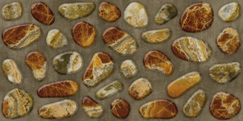 Collection of polished natural onyx pebbles with unique marble patterns and earthy colors, ideal for luxury backgrounds, decorative surfaces, and interior design. © Vidal