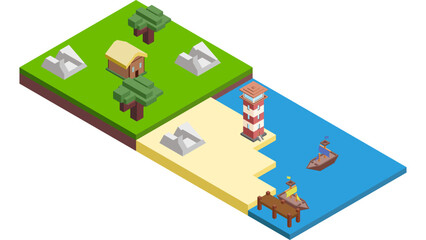 Isometric voxel art illustration of a coastal island with lighthouse, house, and sailing ships. © Eldwin