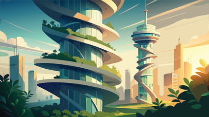 Futuristic eco friendly spiral skyscraper towers with skyscraper architecture futuristic sustainable building vegetation environment technology structure innovation metropolis landscape © shachin