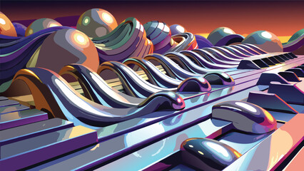 Surreal abstract musical concept with piano keys and floating metallic spheres keyboard abstract metallic instrument illustration performance creative futuristic composition artistic © shachin