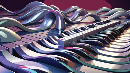 Abstract musical piano keyboard background with flowing metallic shapes keyboard abstract metallic creative background instrument illustration performance futuristic composition vibrancy © shachin