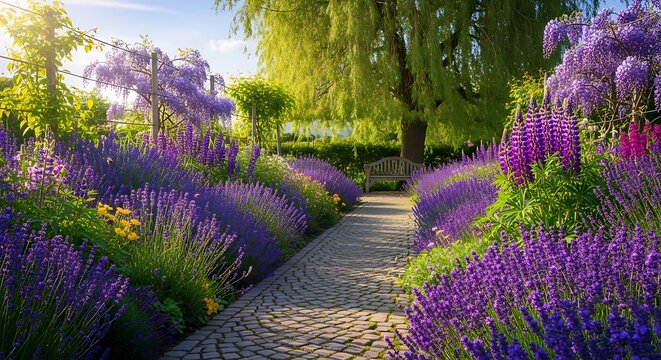 Serene garden pathway lined with blooming purple flowers.