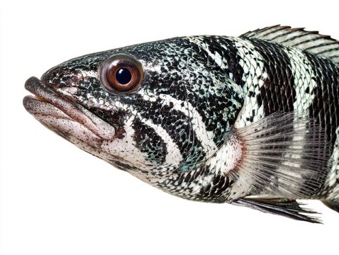 Close Up Side View Of A Marbled Snakehead Fish Head With Patterned Scales Isolated On White