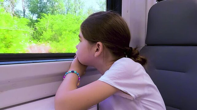 Side view of a sad and bored young girl looking out the window of a moving train during a long journey. High quality 4k footage