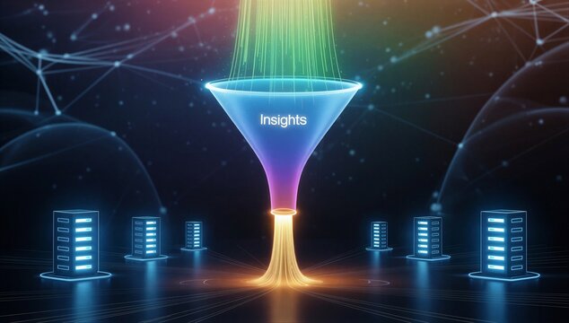 Glowing data funnel turns raw data into insight, with server tower and network node symbolizing processing, analysis, and decision flow.