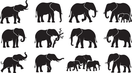 Elephant Silhouette Vector Set Collection – African Elephant Family, Wildlife Animal Icons, Black Elephant Clipart Bundle © abdullah