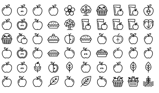 Apple orchard icons set fruits pies trees and harvest baskets